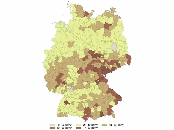 Landkarte von Deutschland mit der Visualisierung von Radon-Vorkommen